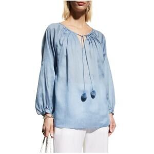 Lafayette 148 Light Blue Blouse M Drawstrings Pom Poms Lightweight Cotton Classy